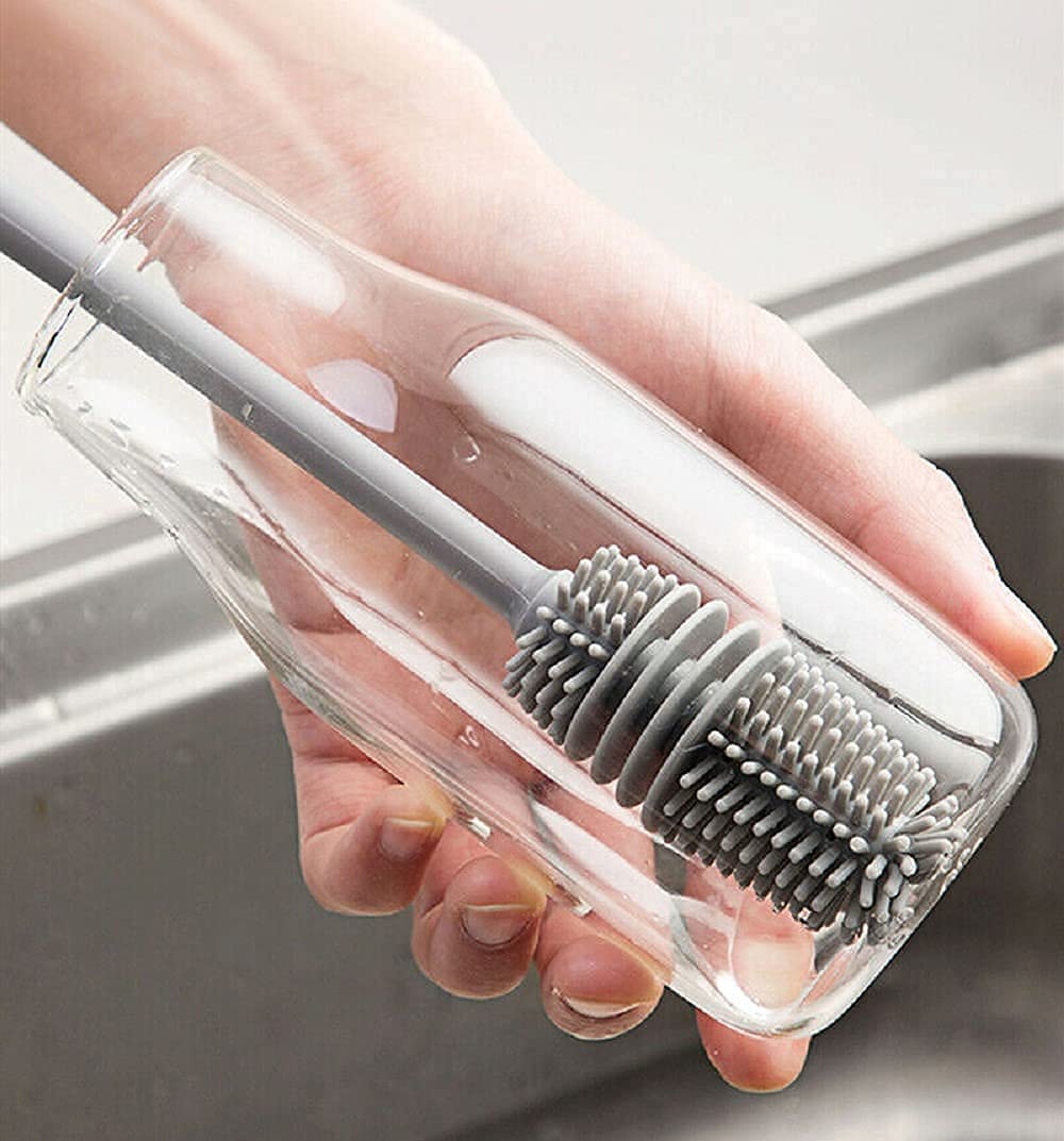 Kitchen4U - Bottle Cleaning Brush Silicone Long Handle for Baby Bottle, Water Bottle, Containers, Vase and Glass Cleaner (31-CM-Silicone-Grey-Brush)