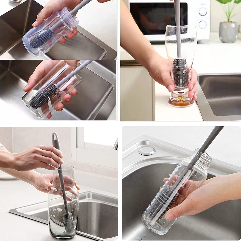 Kitchen4U - Bottle Cleaning Brush Silicone Long Handle for Baby Bottle, Water Bottle, Containers, Vase and Glass Cleaner (31-CM-Silicone-Grey-Brush)