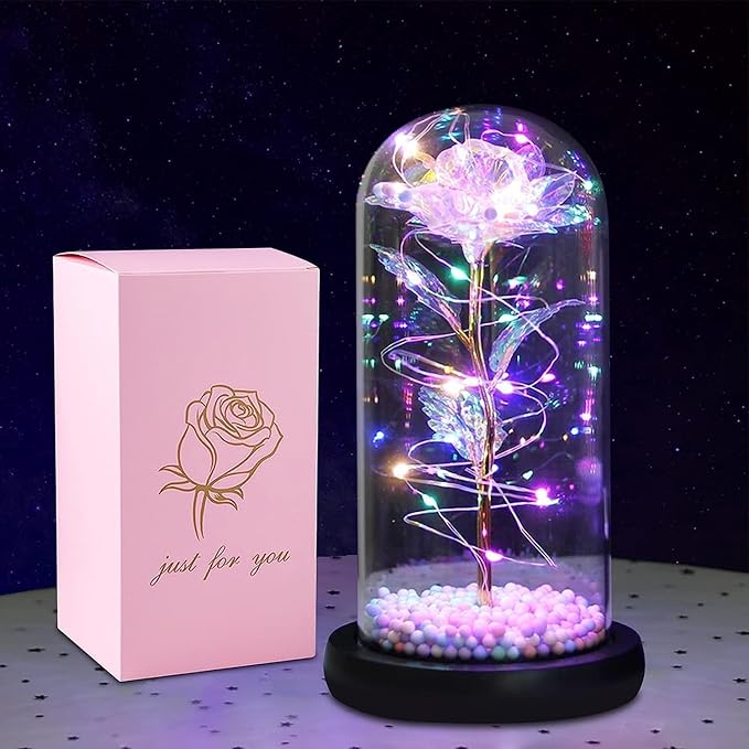 Artificial Tulips in Crystal Box, Galaxy Glass Rose Flower with LED Light Great Gift Ideas for Valentine's Day